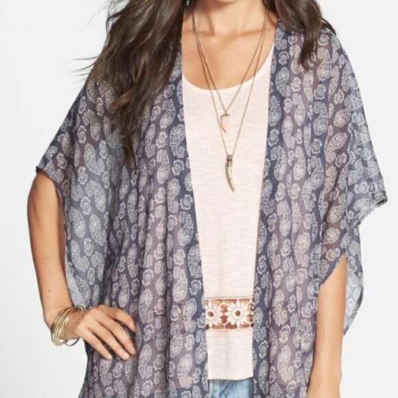BP Kimono Cardigan Shoulder Wrap Sheer Paisley Open Front Top quarter sleeve - Picture 1 of 6